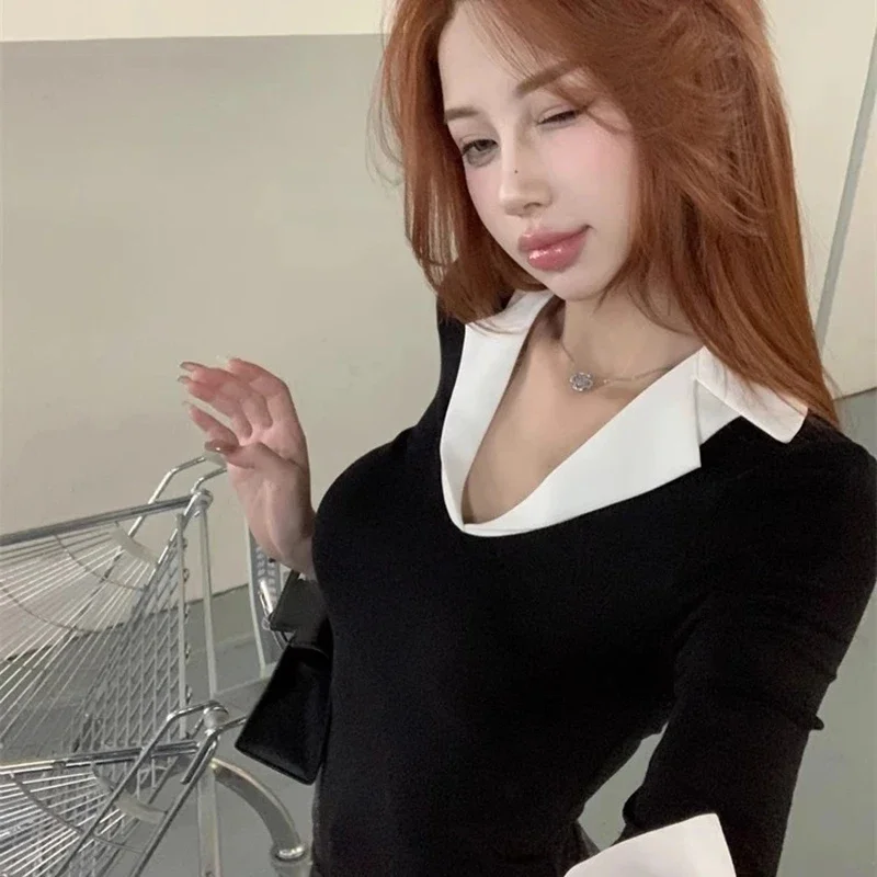 

Корейская шикарная дизайнерская лоскутная рубашка, женская весенняя новая элегантная блузка с длинными рукавами, базовые простые облегающие базовые топы, офисная одежда