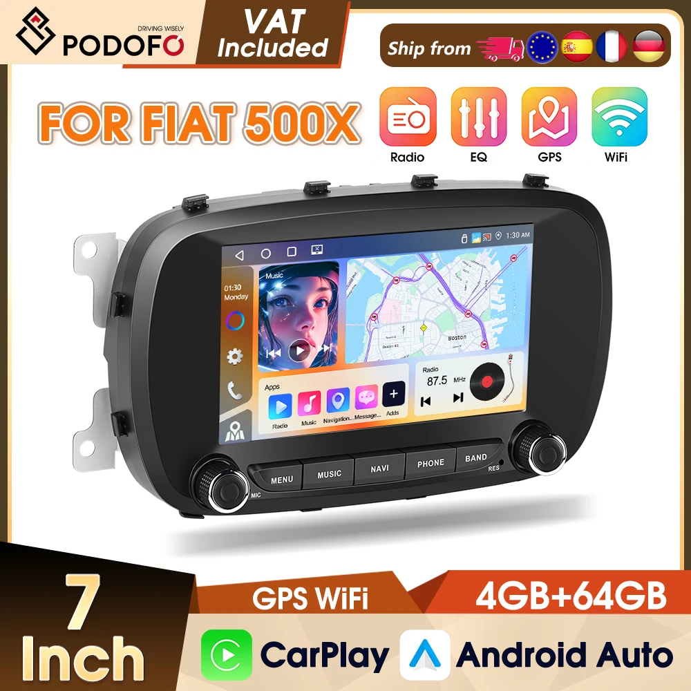 Autoradio stereo Podofo 7'' 2 Din 4 core 4+64G per Fiat 500X 2014-2020, sistema multimediale per auto con video, FM, RDS, GPS, EQ, CarPlay wireless, Android Auto, sistemi intelligenti per auto