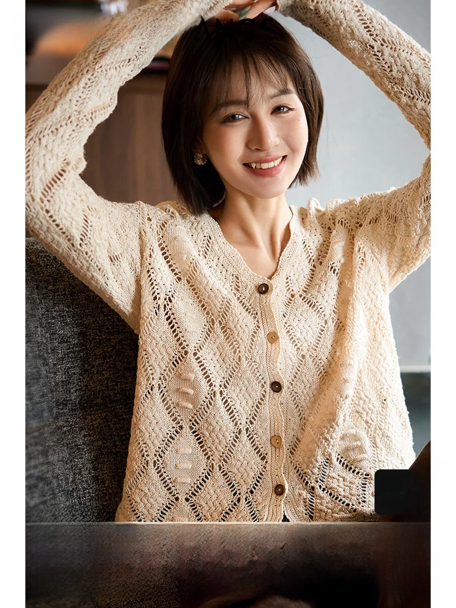 

XiaoHanGe Garden Window Hollow out Knitted Sweater Women's Spring New Style Breathable Diagonal Grid V-neck Open Cardigan