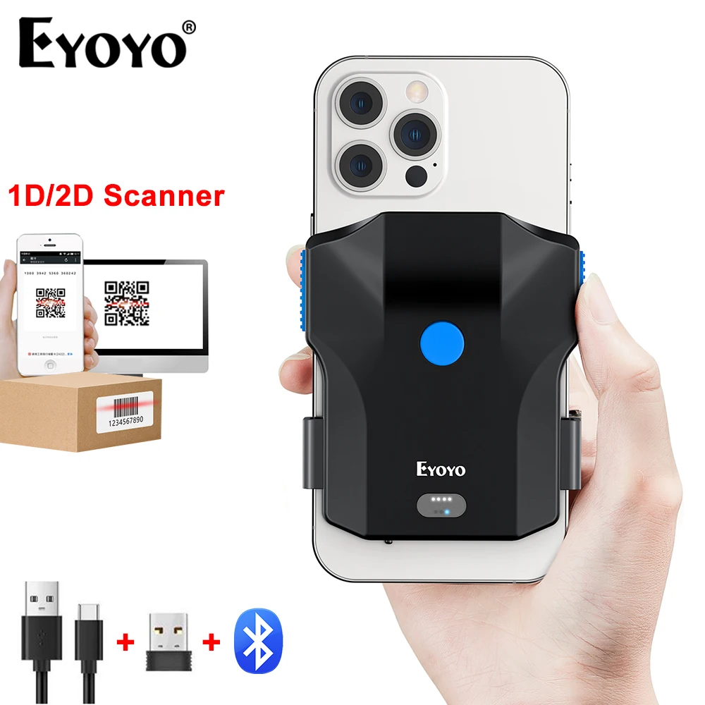 

Eyoyo Code 93 Barcode Scanner Portable Back Clip 2D Bluetooth QR Reader Auto-sensing Scan PDF417 Image From Screen 10H Use Time