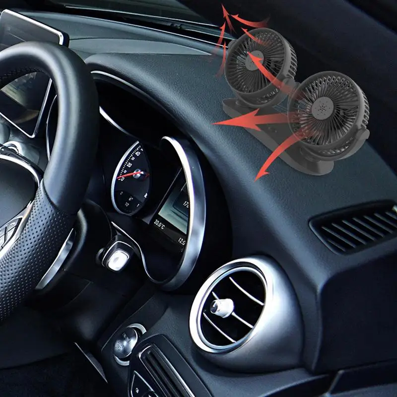USB Car Fan Double Head USB Desk Fan Strong Wind 360-Degree Rotation Cooling Air Circulator Dashboard Accessories For SUVs