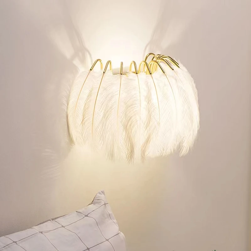 Feather Wall Lamp Modern Living Room Minimalist Girl Princess Room Decoration Home Romantic Bedroom Bedside Lamp Mirror LightLED