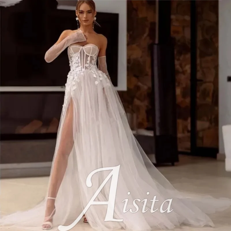 Una línea de vestidos de novia cariño personalizado encaje abertura lateral apliques moderno Formal nupcial 2024 Rode De Morrie