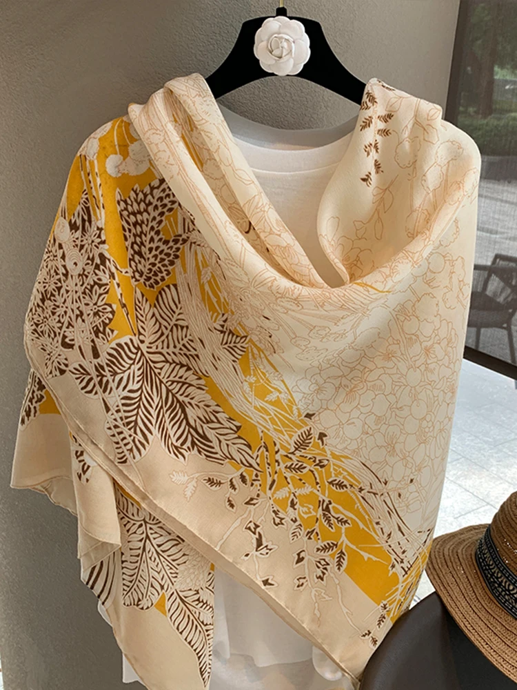 

Элегантный женский шелковый шарф, шаль с желтым цветочным принтом, солнцезащитный крем, банданы, хиджаб, Mujer, шарф-парео, платок для путешествий, мода, новинка