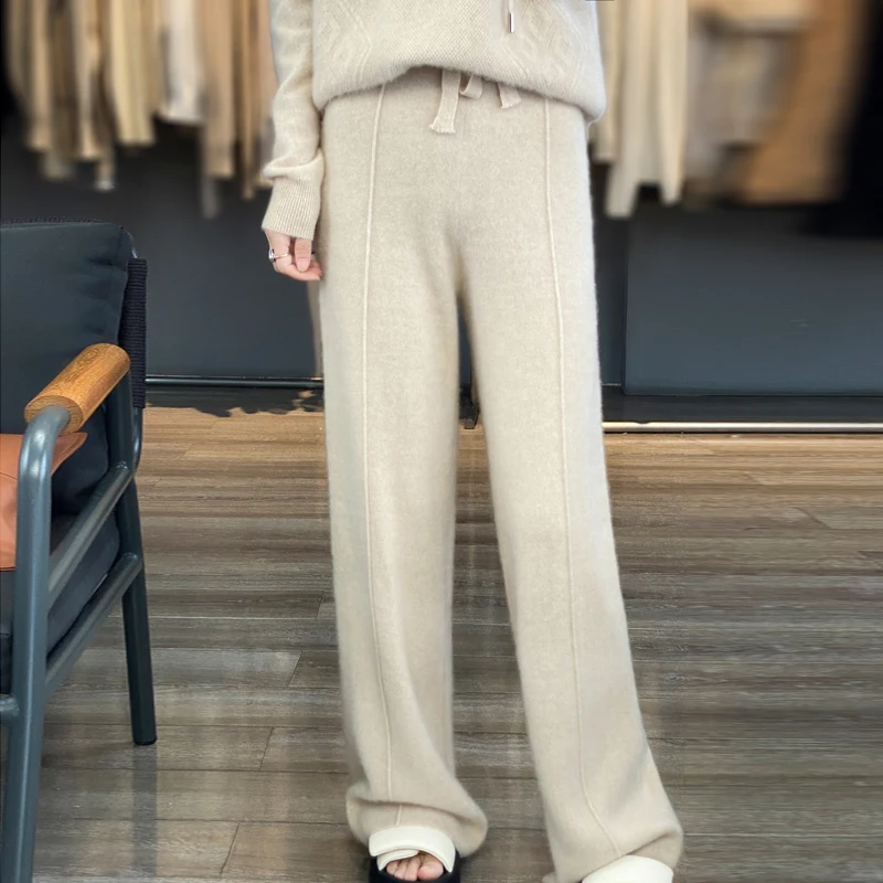 Women\'s Cashmere Wide-Leg Pants, Loose and Casual, High Waist, Straight, Elastic Waist, Knitted Trousers, Autumn, Winter, New