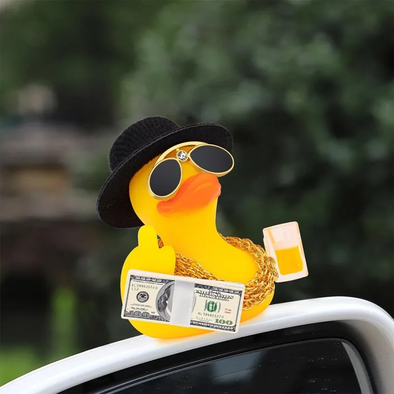 Rubber Duck Car Ornament Squeaky Duck Cool Car Accessories Dashboard Decorations with Dollars Beer Glasses Gold Chain