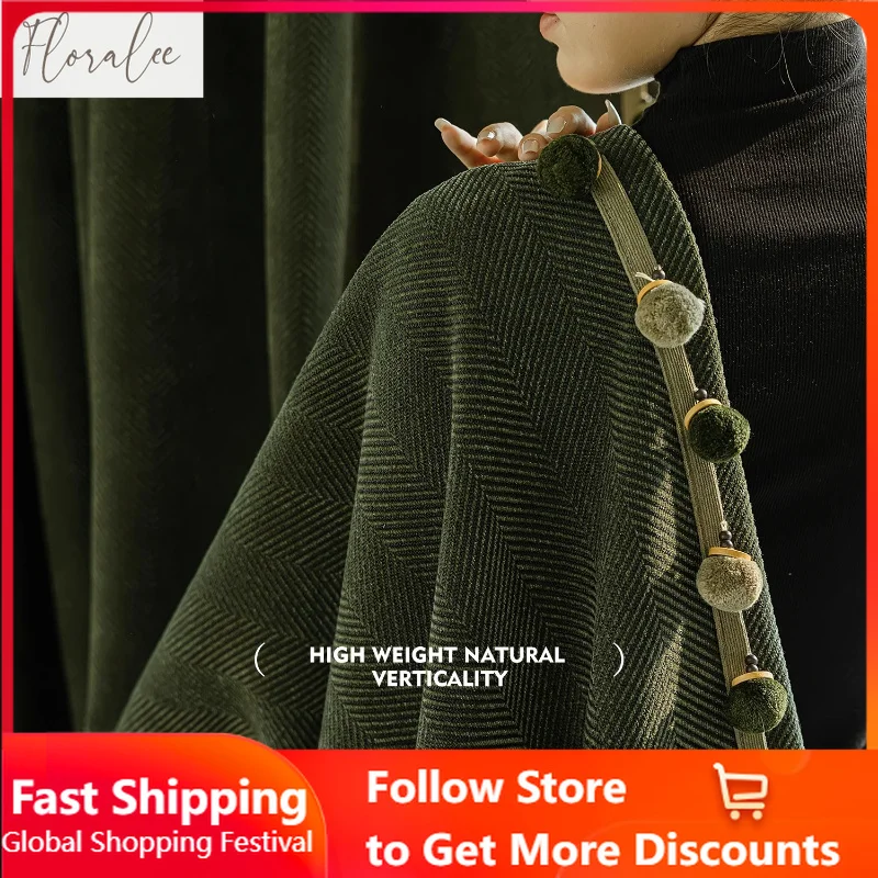 Floralee Store Retro Green Blackout Curtains for Living Bedroom Room Chenille Light Luxury Curtains High-end Herringbone Pattern