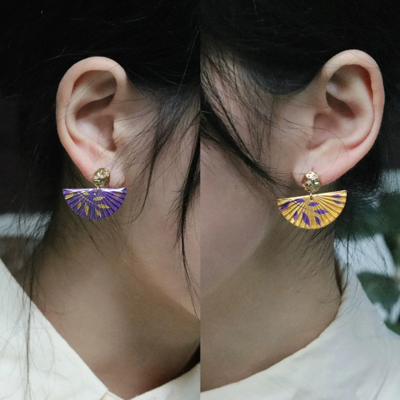 

Neo-Chinese 925 Silver Two-tone Enamel Fan Shape Stud Earring AB Style Purple Gold Semicircle Geometric Ear Drop Hanger Jewelry