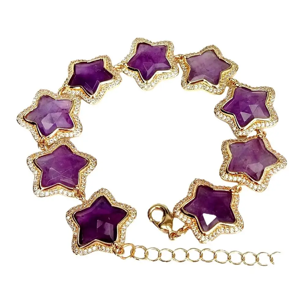 YYGEM  20mm Natural Purple Amethyst Star Shape Cz Pave Beaded  Bracelet