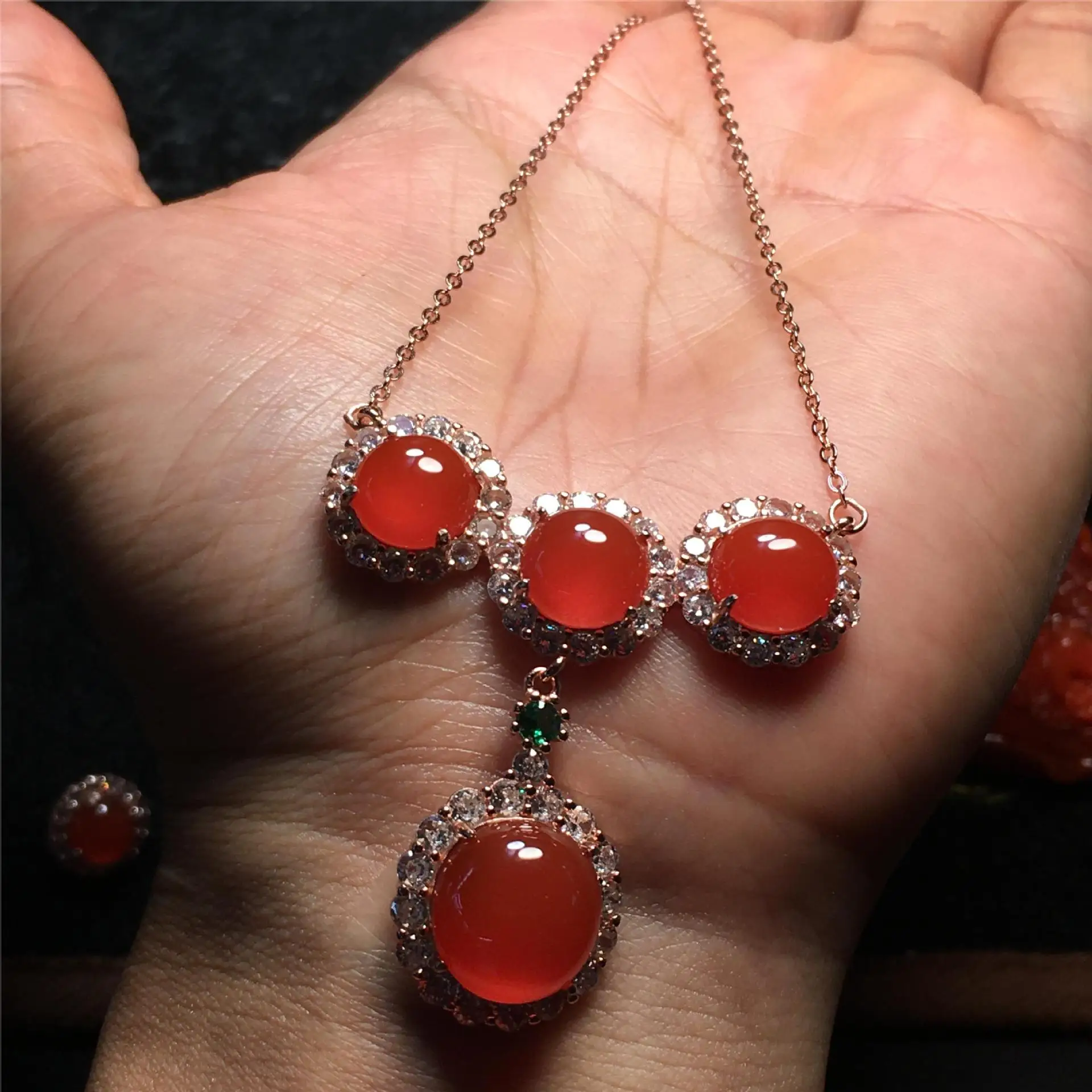 High Grade Baoshan Red Agate Jewelry Set Necklace Earrings Ring 925 Silver Rose Gold Plated High Glossy Natural Agate
