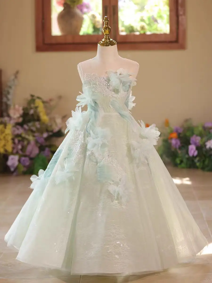 Dreamy Vow D009 Ragazza di fiore verde salvia Elegante principessa Fiori in rilievo Festa lunga Matrimonio Compleanno Spettacolo Serata Abiti per bambini