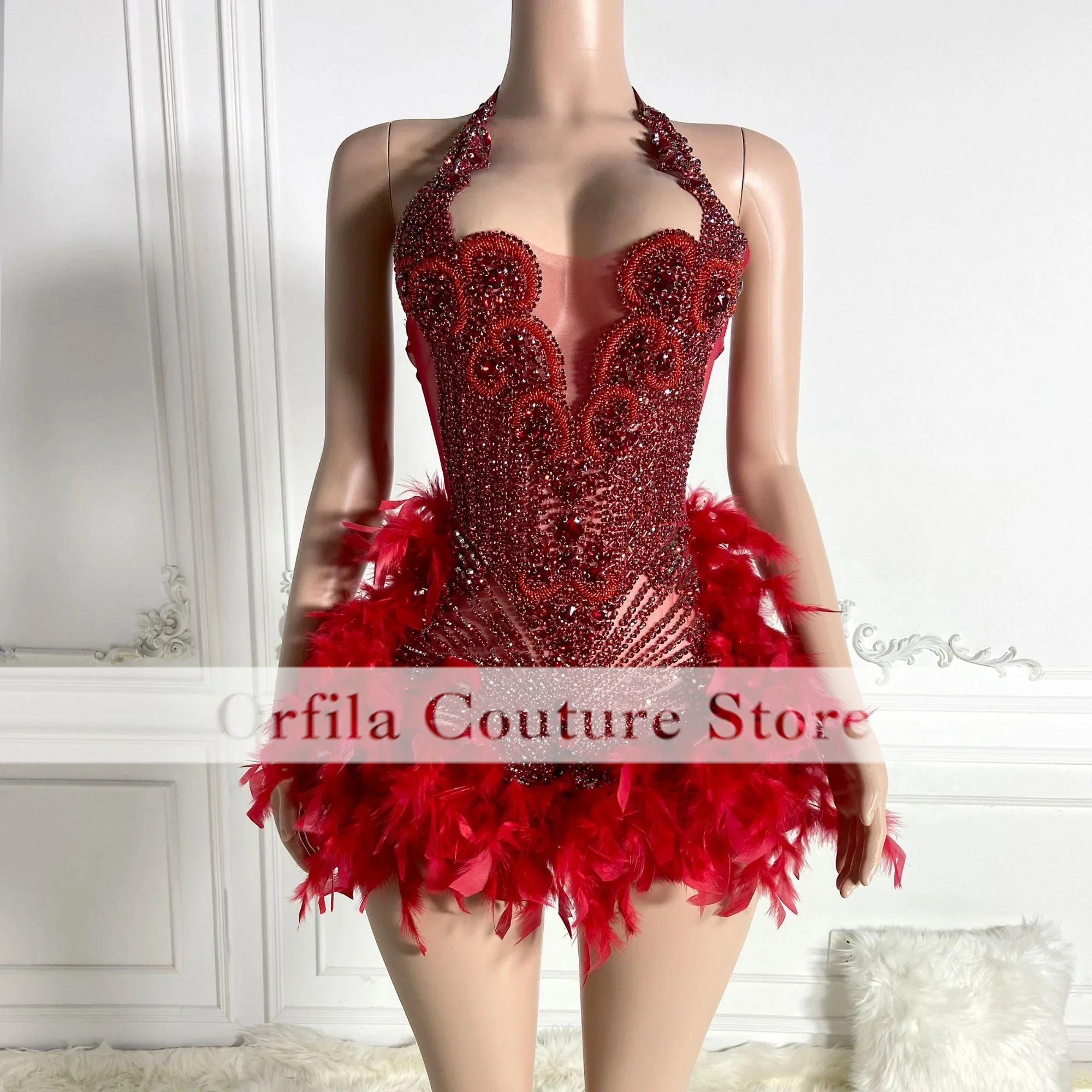 Sexy Black Girl Short Prom Dresses Customized Pink Halter Neck Silver Crystals Women Feather Cocktail Gowns For Birthday Party