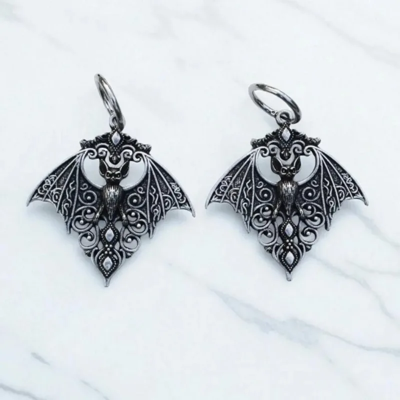 Creative Personality Silver Color Hollowed-out Vampire Bat Pendant Hoop Earrings for Women Retro Goth Halloween Vampire Jewelry