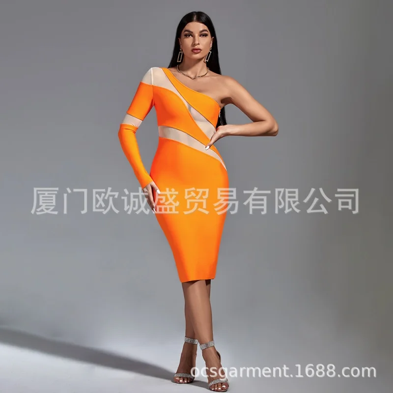 Bandage Dress Cross-Border Shoulder Long Sleeve Mesh Stitching Niche Design Elegant Bandage One-Piece Dress