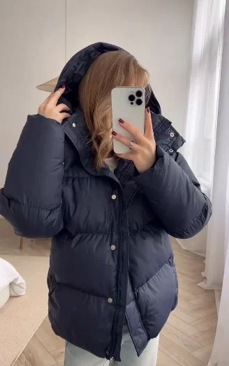 Solid-color Hooded Single-breasted Padded Jacket  Mid-length Zipper Up Snap Button Puffer Coat 2026 Women Winter Casual Outfits