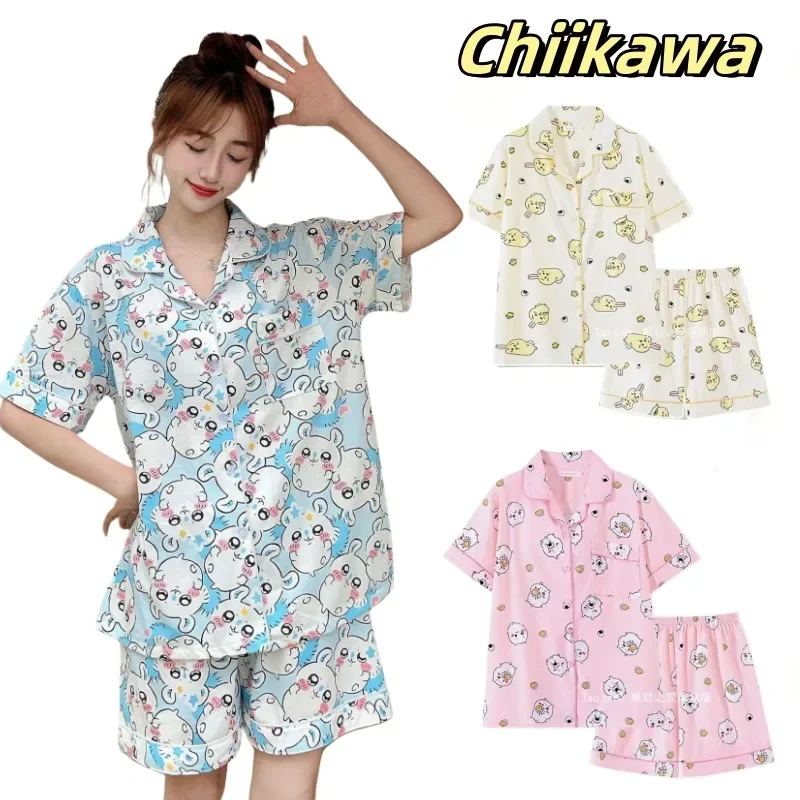 Chiikawa Hachiware Short-sleeved Pajamas Set Cute Cartoon USAGI Breathable Cotton Shorts Comfy Couple Loungewear Gifts Girls Boy