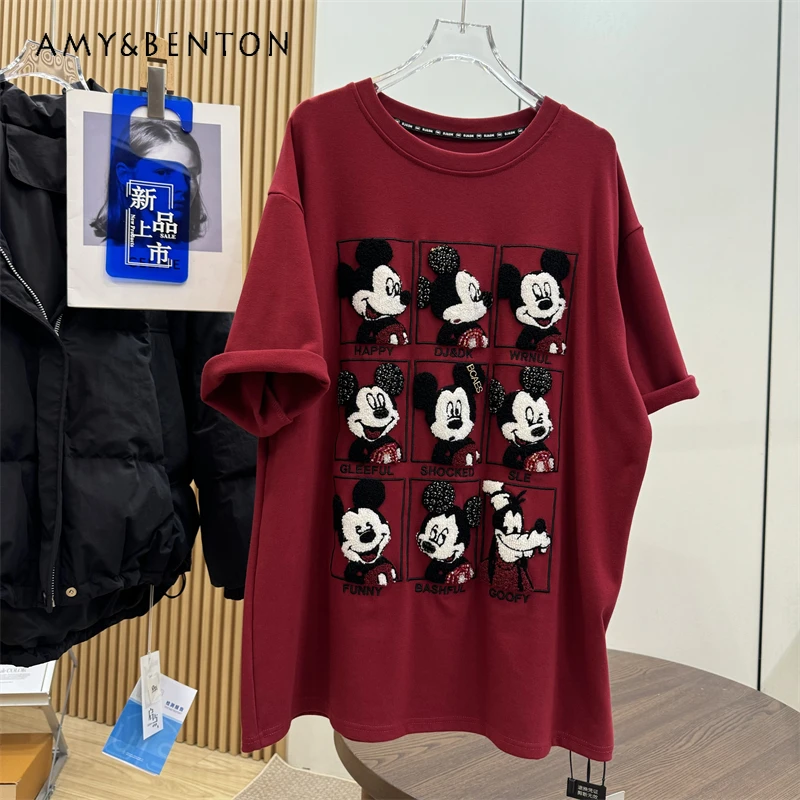 

Heavy Industry Versatile Slimming Crew Neck Short Sleeves T-shirt Ladies Loose Casual Top Trendy BF Winter New Tshirts Pullovers