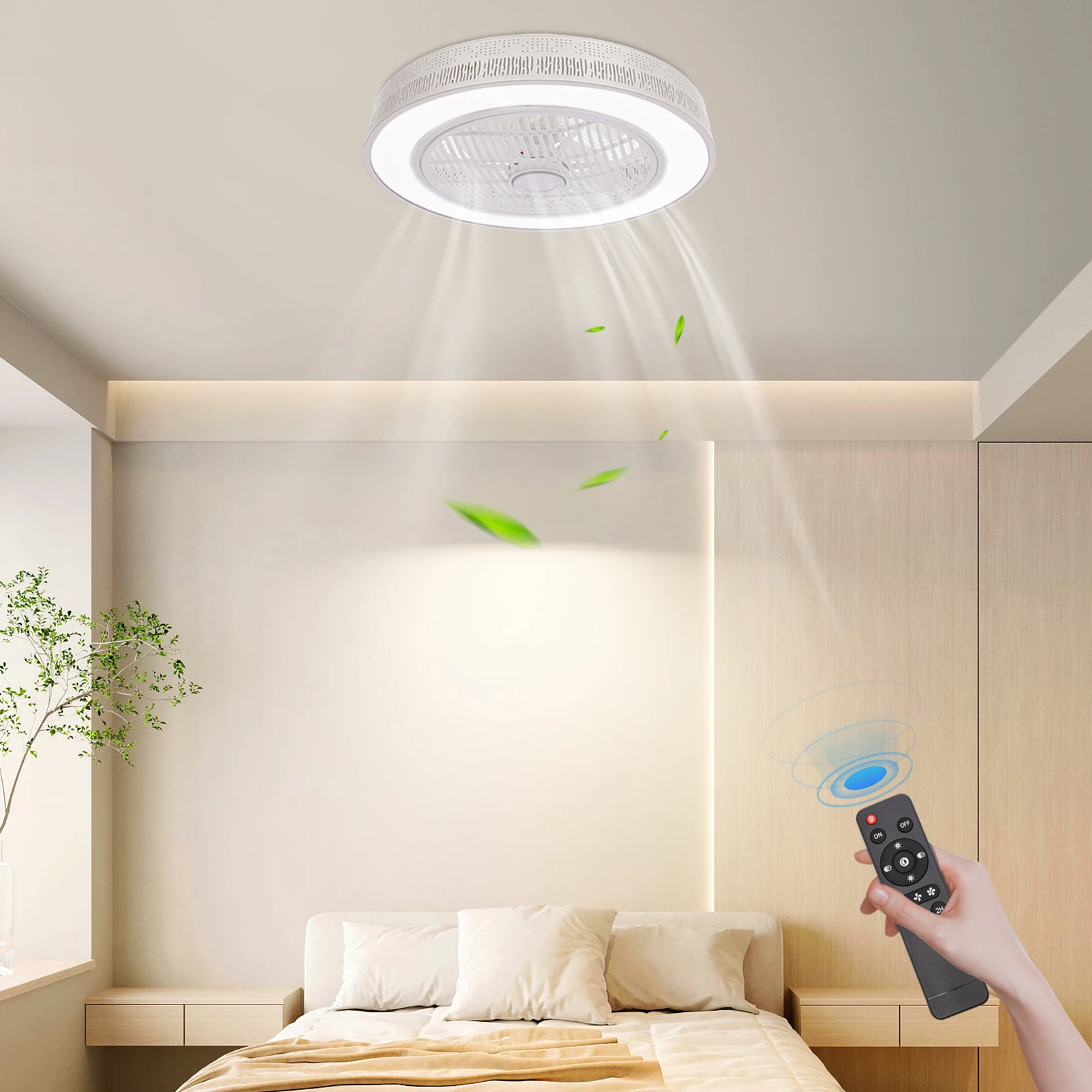 55Cm Round Ceiling Fan Light 3 Color LED Chandelier Lamp Bedroom+Remote Control