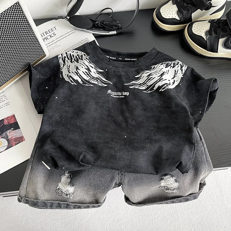 0-5Years New Baby Boy Fashion Cool Summer Clothes Suits Toddler Wings Printed T-shirt+Ripped Jeans 2pcs/sets Children Tracksuits