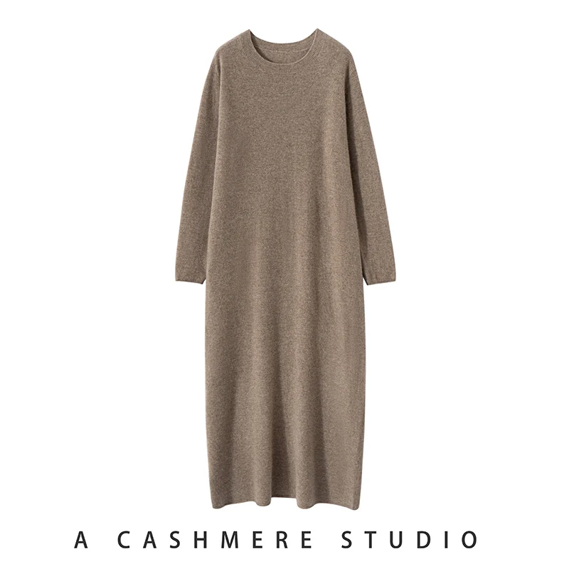 High-end New 100% Cashmere Sweater Longer Dress Women O-Neck Fashion Knitted Dresses Female Loose Casual Long Sleeve Pullover