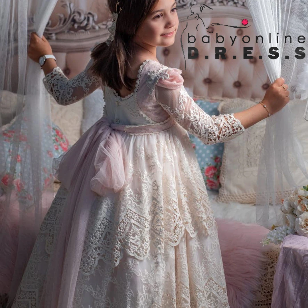 BABYONLIN vestidosdecomunion Ceremony Dress Lac Full Illusion Laces Half- Sleeve Double Layered Floral Belt Embroidery MiniBride