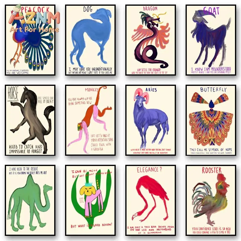 AZNM Whimsical Funny Colorful Animal Canvas Wall Art, Quirky Hand‑Painted Creature Quote Print, Aesthetic Living Room Bedroom Ho