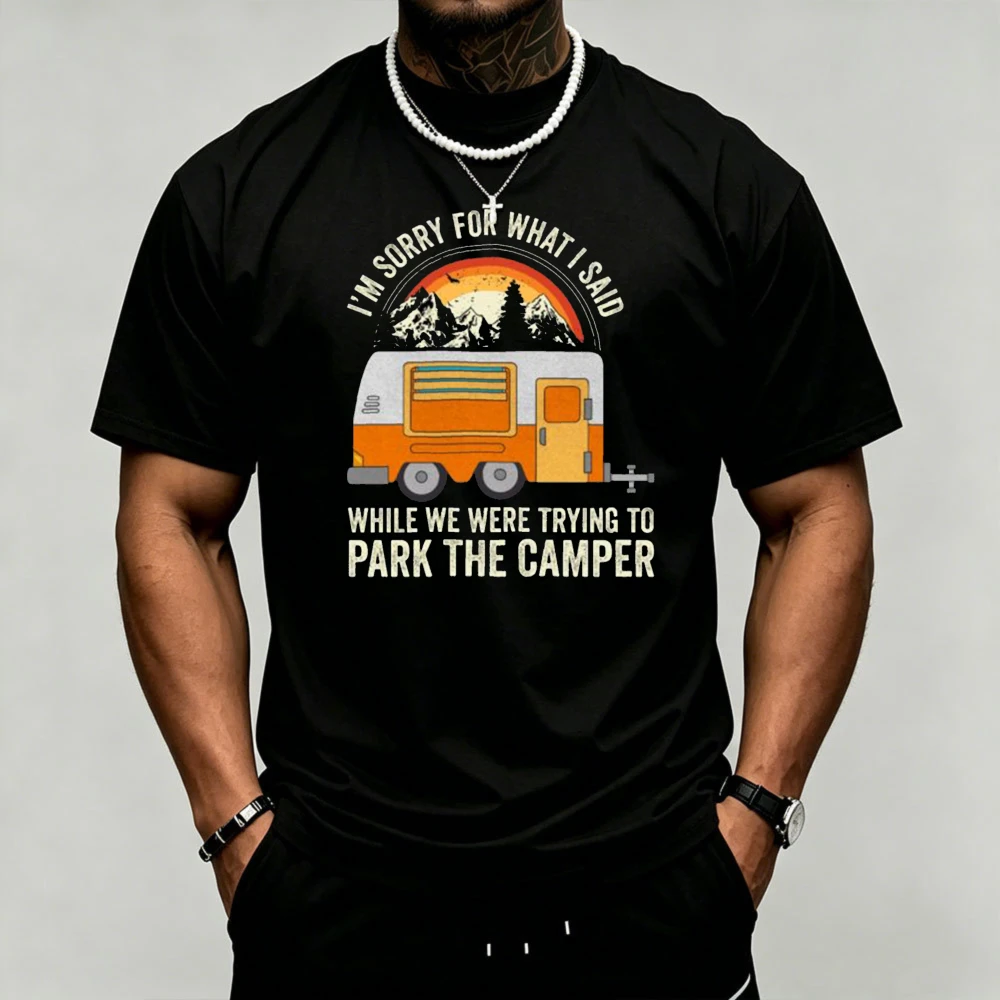 Sunset Mountain Pine Tree Camper Trailer RV Graphic Cotton Loose T-Shirt Road Trip Camping Outdoor Daily Casual Tops For Men