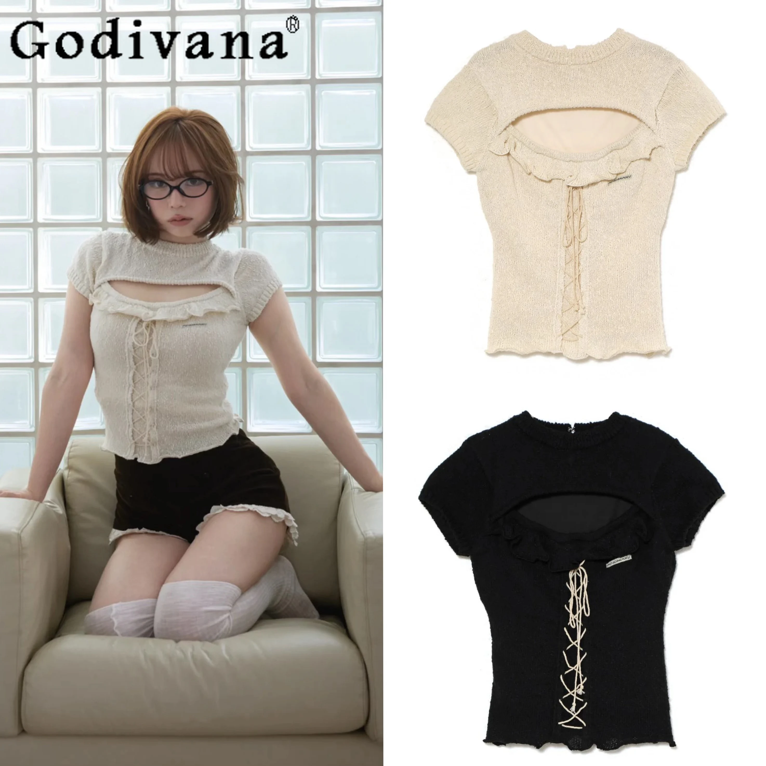 

2026 Summer New Japanese Style Sweet Hollow Out T-shirt for Women Sweet Girls Slimming Short Sleeve Top Velvet Shorts Clothes