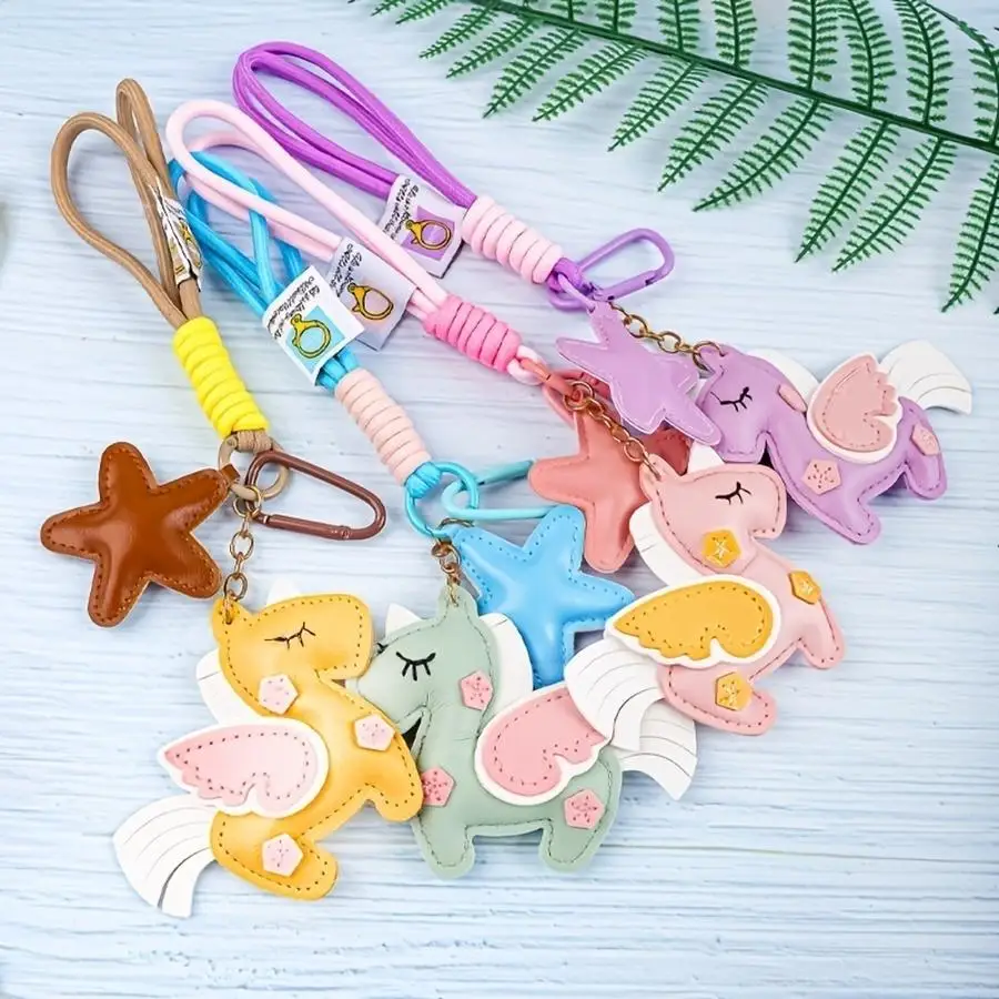 1/5/10/20/50/100pcs Dreamy Pony Star Keychain, Featuring a Color-blocked Woven Rope with a Fabric Tag. The Adorable Soft PU Pony