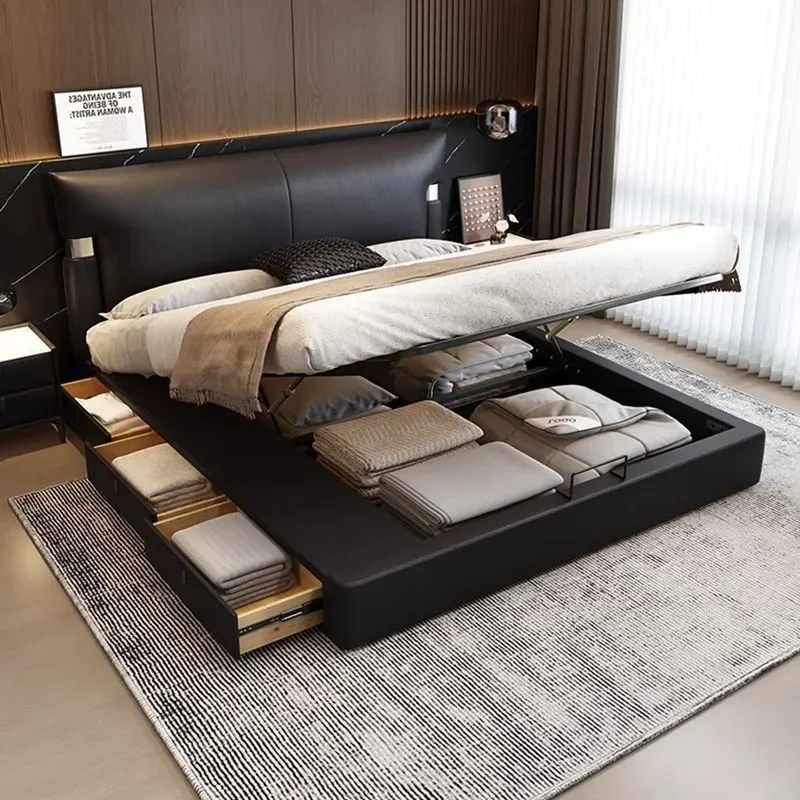 Light Luxury Italian Minimalist Leather Bed Modern Master Bedroom Large Double Bed Black Atmospheric Storage Frame for