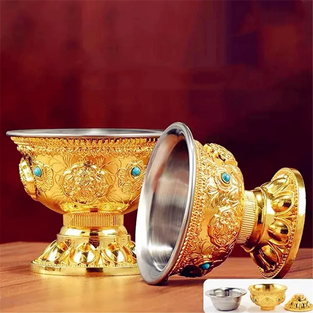 

Auspicious Gilt Drinking Buddha Bowl, Inlaid Gem Zinc Alloy Holy Water Cup Buddhist Bowl Home's Gift Collection Decorative