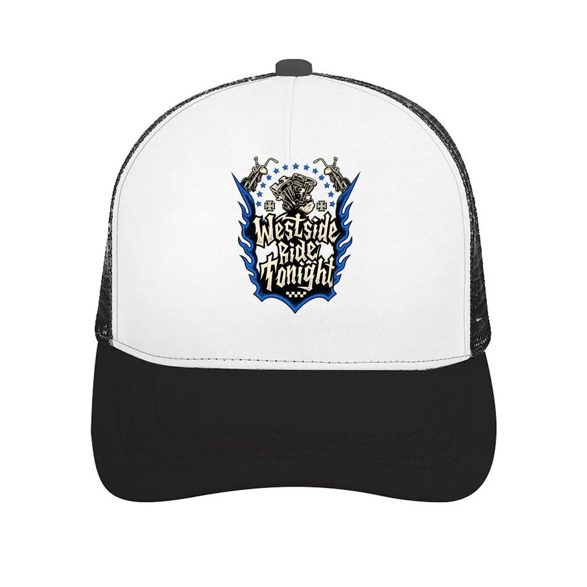 Westside Ride Tonight Motorcycle Engine Blue Flames Stars Biker Graphic Mesh Baseball Cap Casual Hat For Womens Unisex Female