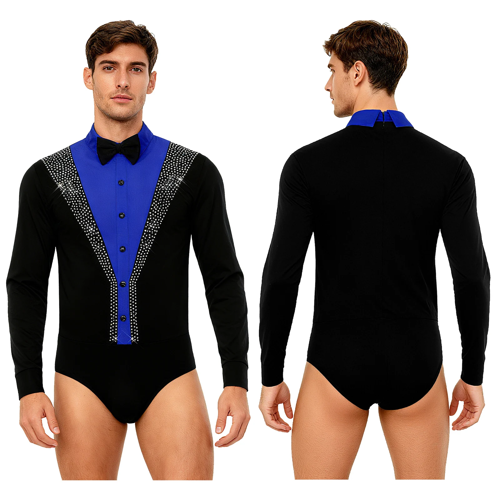 بدلة رقص باليه لاتينية للرجال البالغين مع ربطة عنق وأكمام طويلة من حجر الراين لأداء الرقص على الجمباز
