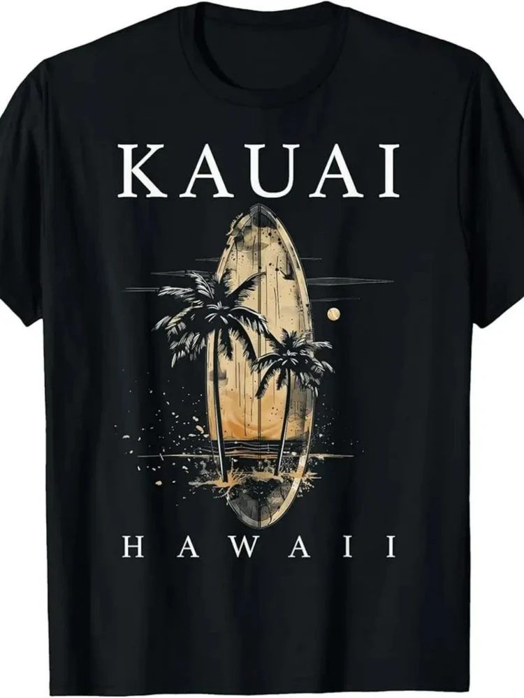 

Men's retro Kauai Hawaiian surfing T-shirt with palm trees and waves, 100% cotton casual O-neck T-shirt.