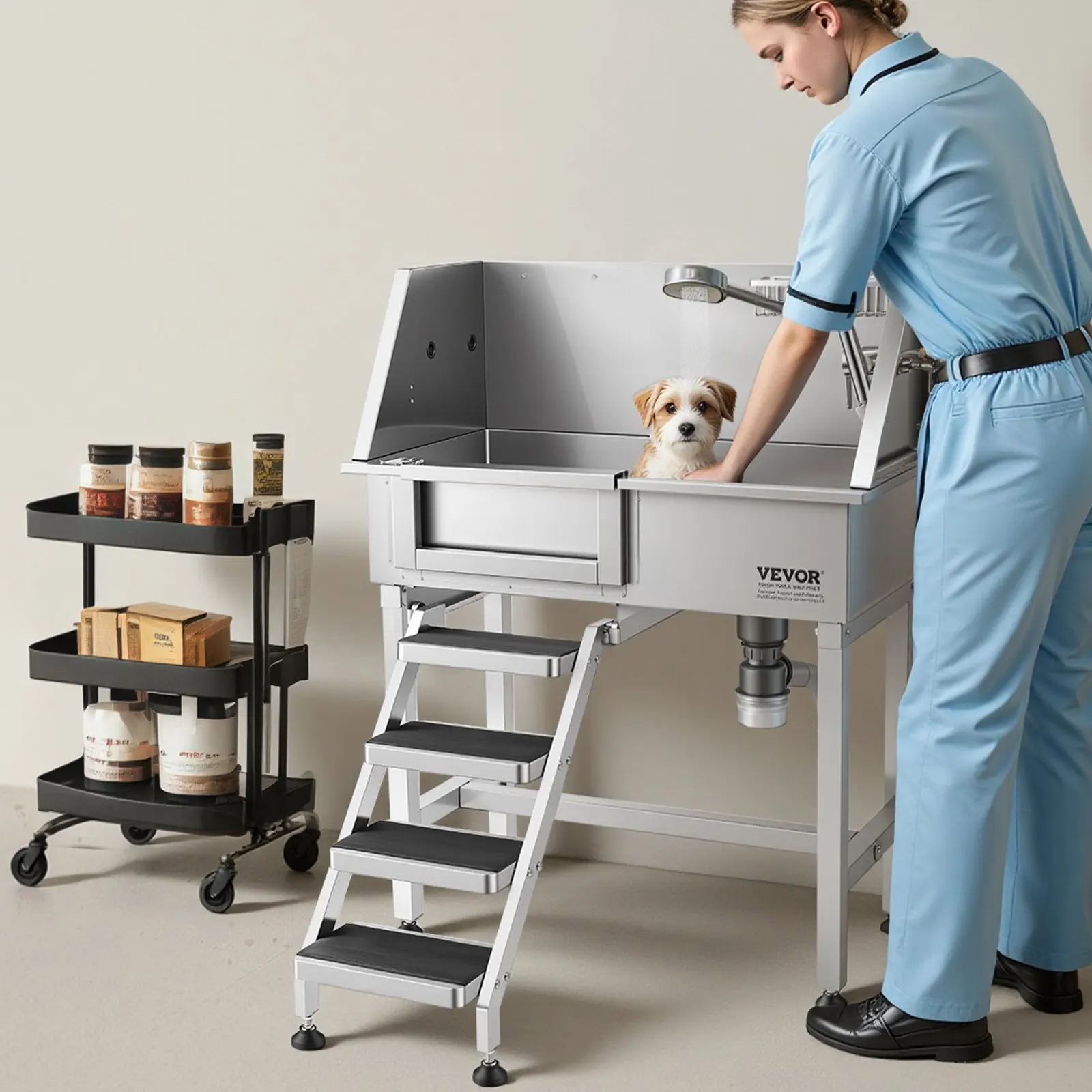 Estación de Lavado para Perros de 34 Pulgadas, Bañera de Acero Inoxidable para Peluquería Canina, Lavabo Profesional para Perros con Ducha, Grifo y Soporte para Jabón