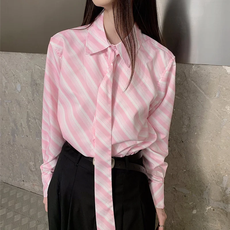 Women's Pink Striped Tie Shirt Y2K Collar Long Sleeve Korean Edition Harajuku High Street Office College Retro Top Shirt Clothes