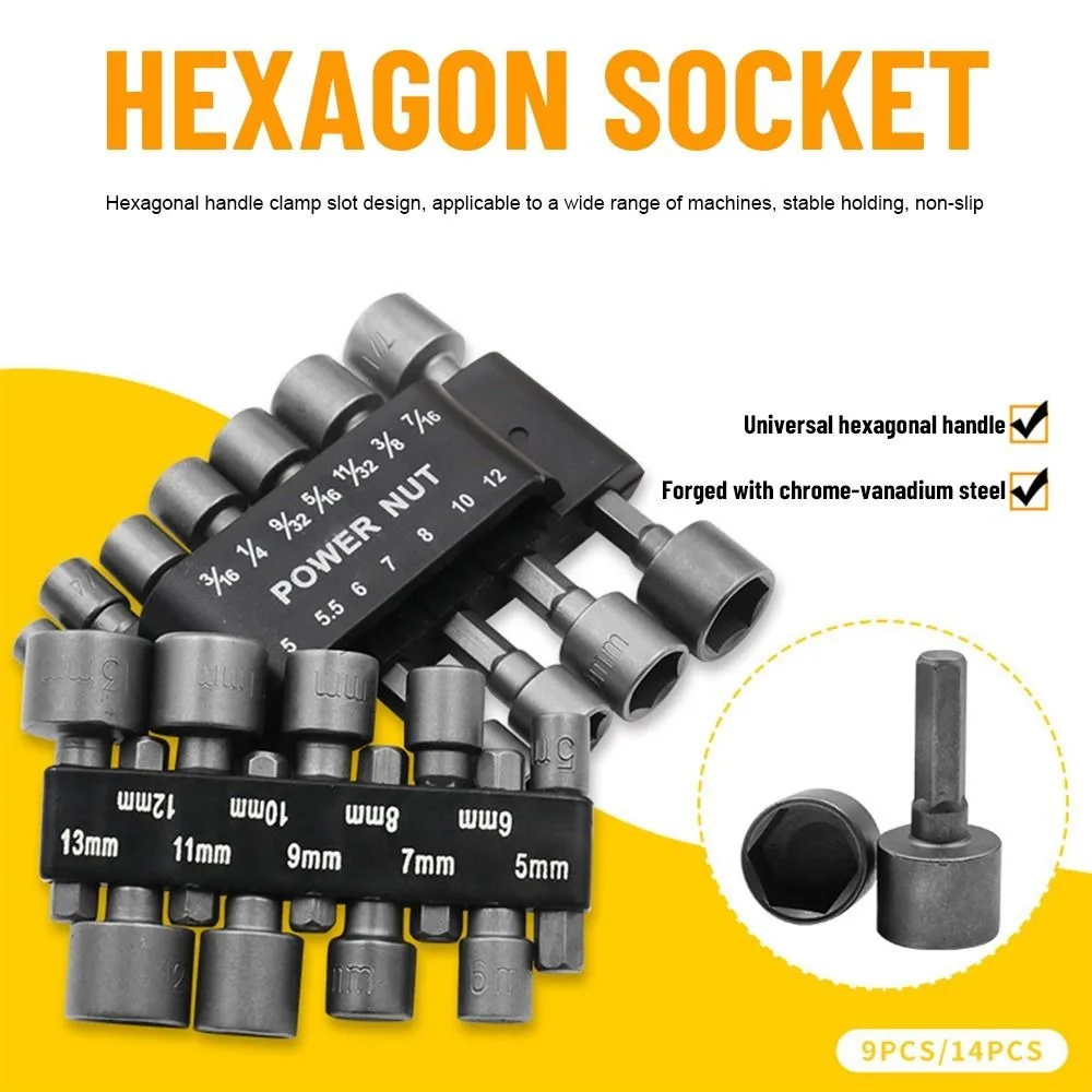 

9/14Pcs 5mm to 12mm Metric​​ Power Nut Driver Set​​ ​​Driver Socket Bits ​​Magnetic Socket​​ Hex SocketS Sleeve Nozzles Nut