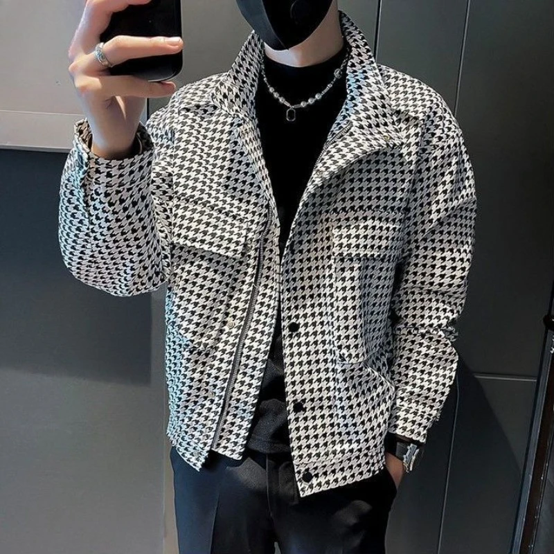 

​ Мужская осенняя куртка в клетку «гусиные лапки» 2025 года, облегающее уличное пальто премиум-класса с застежкой-молнией ​