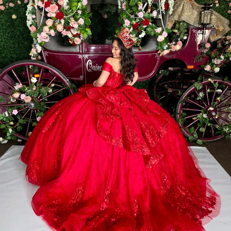 Red Glitter Quinceanera Dresses Off Shoulder Ball Gown Sweet 16 Dress Applique Lace Beading Crystal Bow Tull Party Birthday Veti