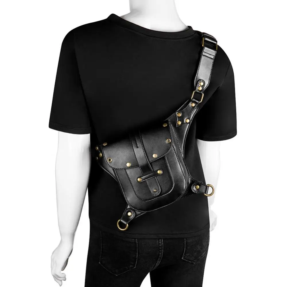 Steampunk Backpack with Multiple Carrying Method Punk Bag Pu Leather Rivets Niche Motorcycle Single Shoulder Crossbody Waist Bag