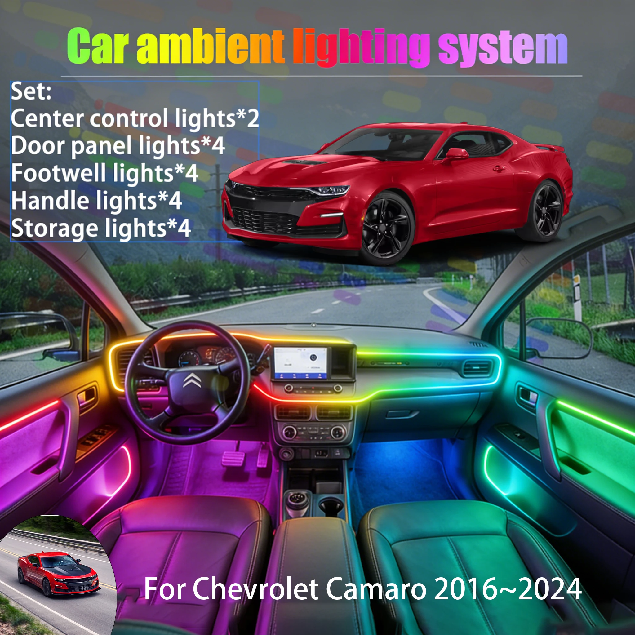 

For Chevrolet Camaro 2016~2024 2/18 in 1 Car ambient lighting Led trunk interior led lights USB RGB Ensemble Streamer Auto Parts