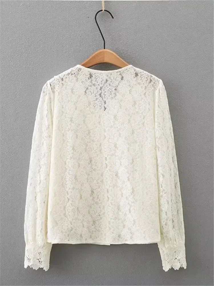 Plus Size Women's Clothing New In Spring And Autumn Blouses V-Neck Long-Sleeved Lace Blouse With Cut-Out Crochet Trims Shirt