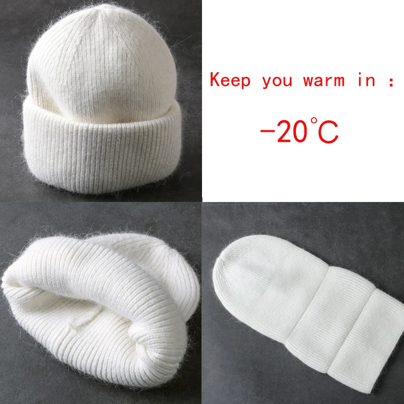 2024  Fluffy Angora Beanies Soft Warm Winter Hat Woman Rabbit Fur Knitted  Cold SKI wool Beanie Female fashion Bonnet Rabbit Rur