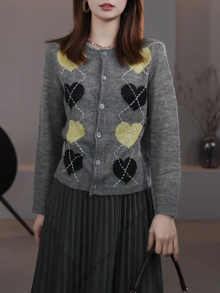 

Корейский вязаный кардиган с ромбовидным узором, облегающий свитер, топ большого размера, осенняя новинка, теплый, для повседневной носки, длинный рукав