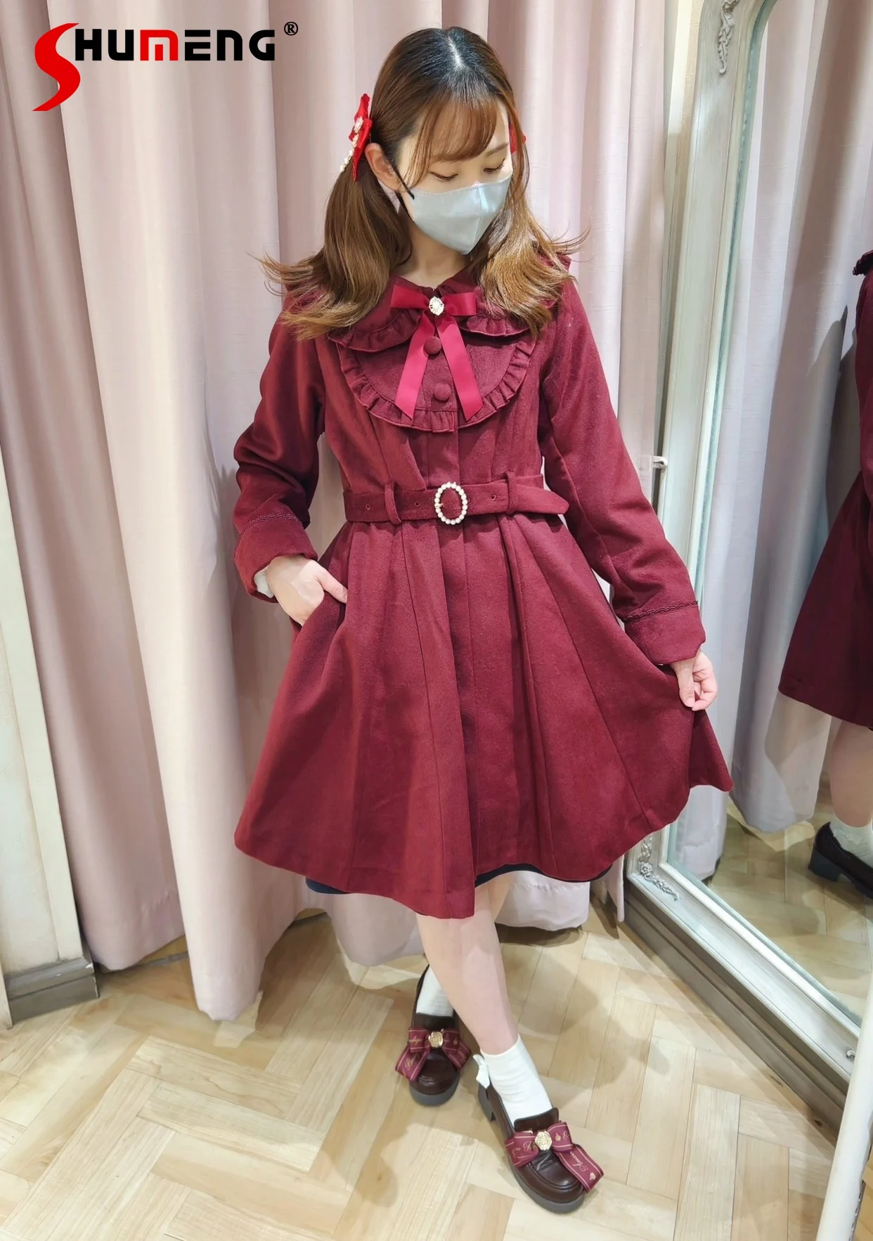 Japanese Mine Style Fur Collar Bow Ruffle Single-breasted Belt Slim Loose Casual Lolita Woolen Long Overcoats Coat Women Winter