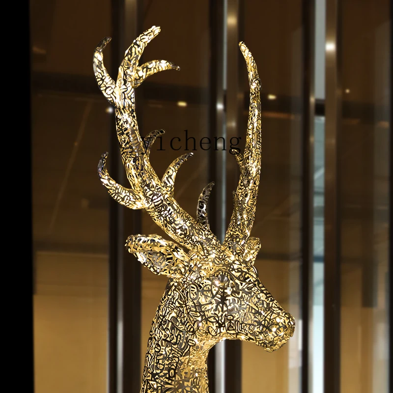 

outdoor stainless steel hollow luminous elk sculpture art installation hotel garden landscape ornament