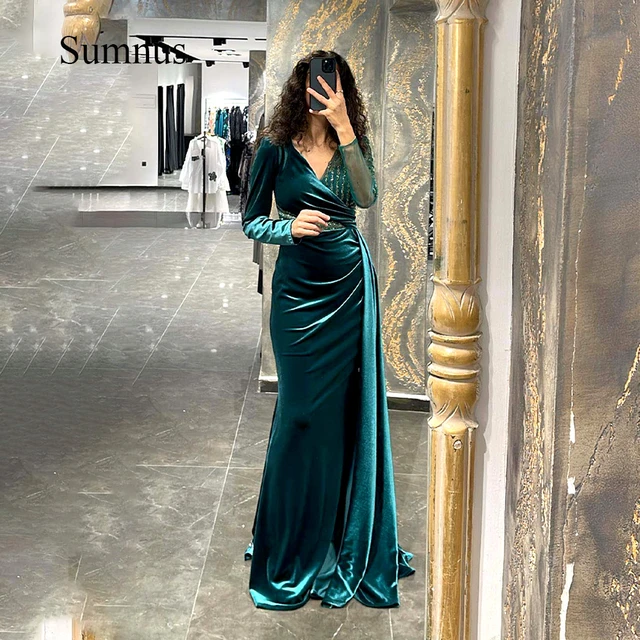 Velvet Evening Gowns Sleeves | Long Sleeve Velvet Evening Dress - Green  Mermaid - Aliexpress