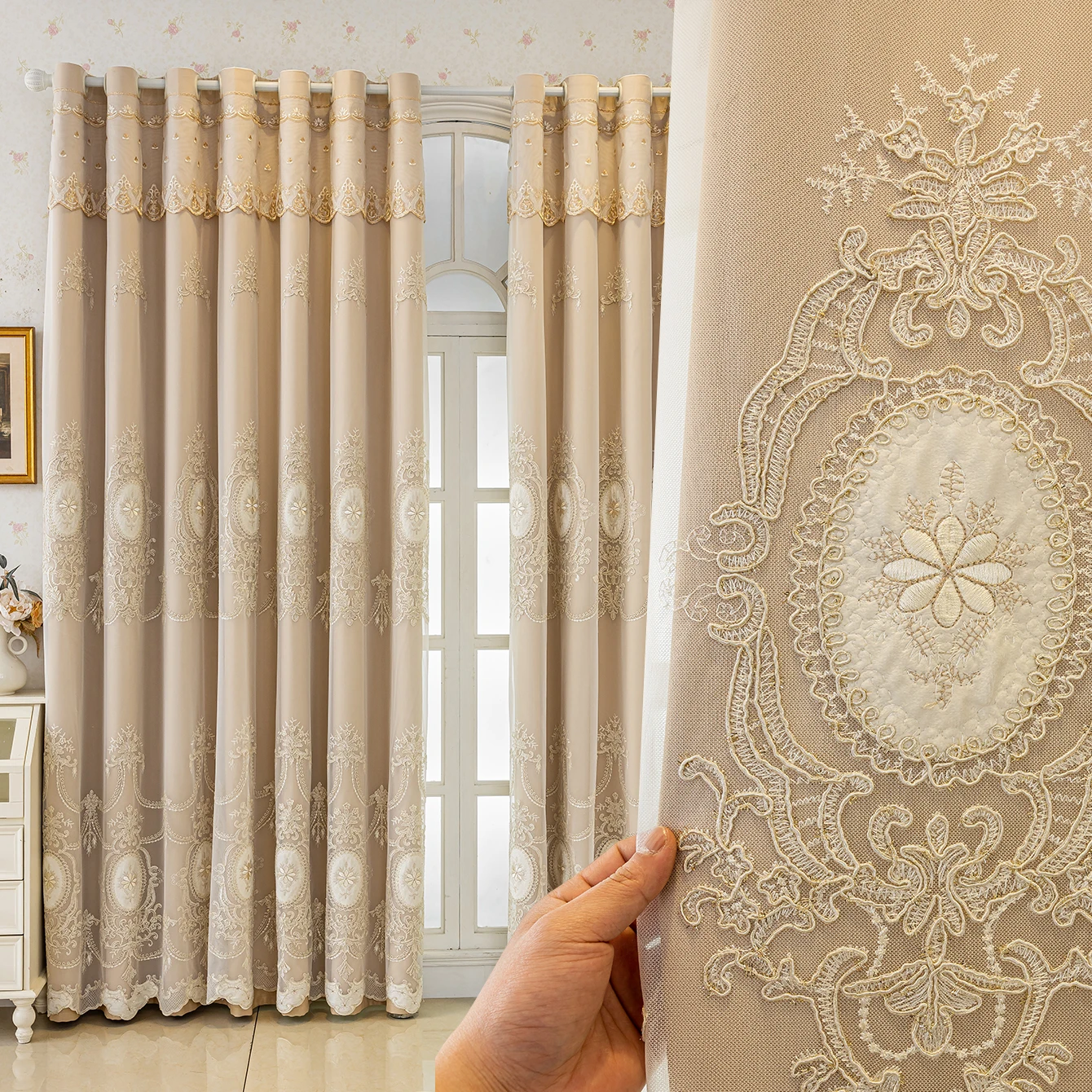 1 Panel 100% Blackout Curtain, Double Layer Embroidered Tulle & Swag Valance, Sun Blocking Back Coated Drapery for Living Room