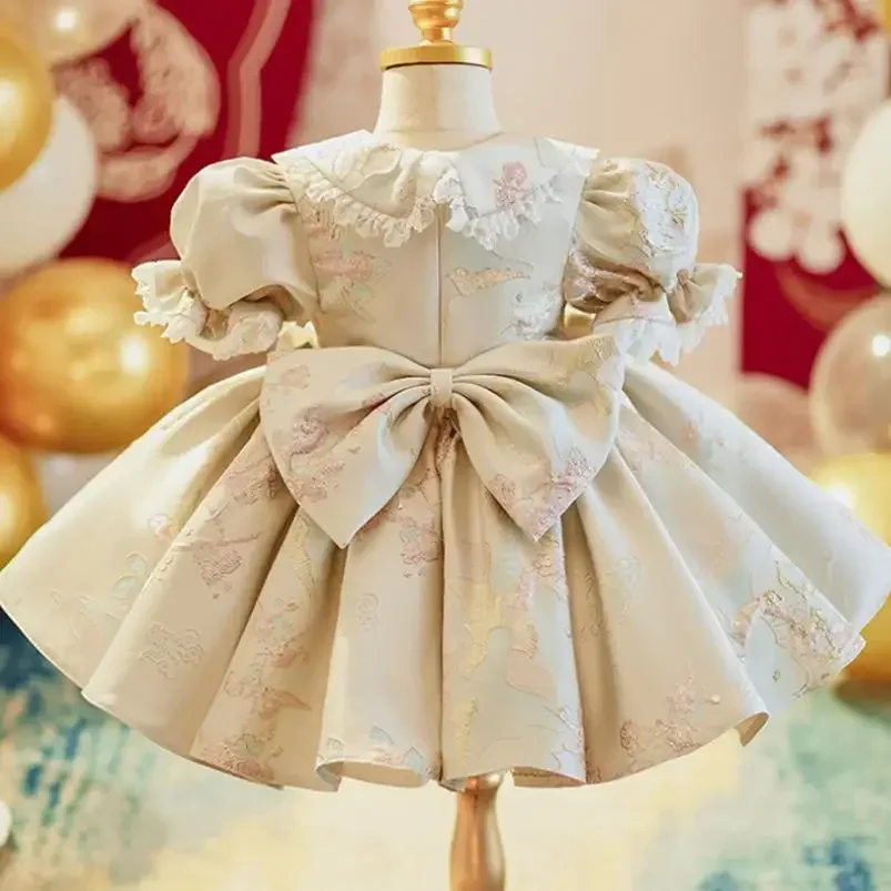 High-End Children's Baptism Princess Evening Gown Bow Lace Print Design Wedding Birthday Party Girls Dresses For Eid  A2535