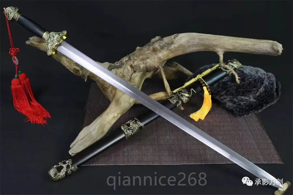 DAMASCUS FOLDED STEEL CHINESE LONGEVITY SWORD BLACK WOOD SAYA ALLOY ASSESSORY